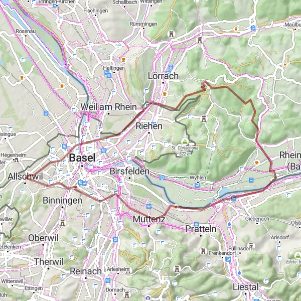 Map miniature of "Charming Gravel Route through Riehen and Binningen" cycling inspiration in Nordwestschweiz, Switzerland. Generated by Tarmacs.app cycling route planner