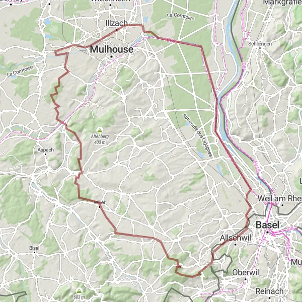 Miniatua del mapa de inspiración ciclista "Recorrido de Grava a través de Hagenthal-le-Haut y Kembs" en Nordwestschweiz, Switzerland. Generado por Tarmacs.app planificador de rutas ciclistas