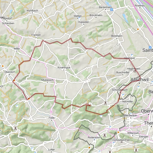 Map miniature of "Gravel Route to Schönenbuch and Hégenheim" cycling inspiration in Nordwestschweiz, Switzerland. Generated by Tarmacs.app cycling route planner