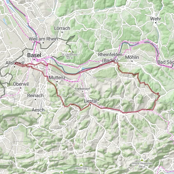 Miniaturekort af cykelinspirationen "Grusomvejen til Rheinfelden" i Nordwestschweiz, Switzerland. Genereret af Tarmacs.app cykelruteplanlægger