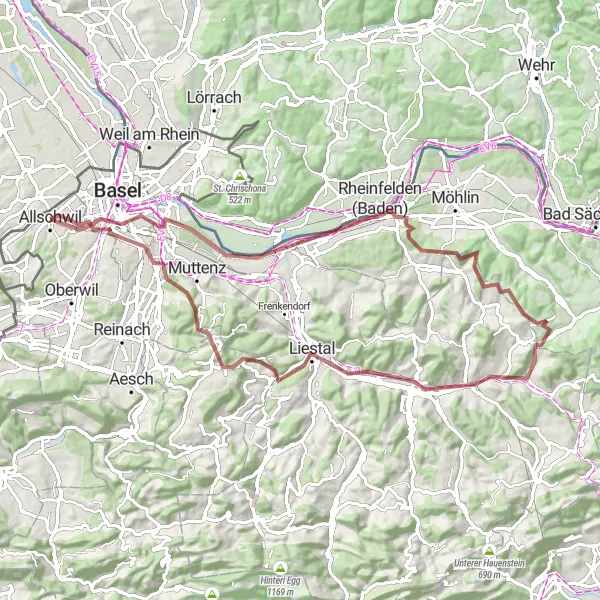 Map miniature of "Gravel Route to Pfalz and Sissach" cycling inspiration in Nordwestschweiz, Switzerland. Generated by Tarmacs.app cycling route planner