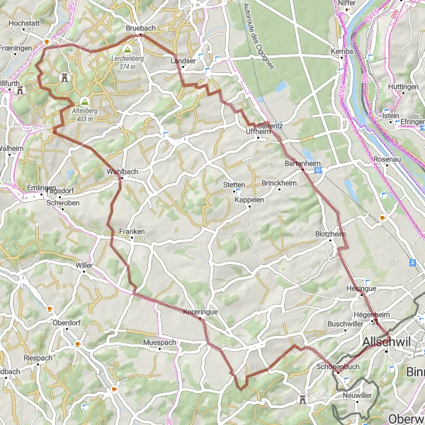 Miniatura della mappa di ispirazione al ciclismo "Giro Gravel da Allschwil" nella regione di Nordwestschweiz, Switzerland. Generata da Tarmacs.app, pianificatore di rotte ciclistiche