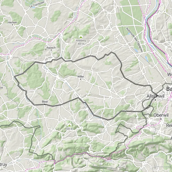 Miniatua del mapa de inspiración ciclista "Ruta de Carretera a través de Hagenthal-le-Bas y Hégenheim" en Nordwestschweiz, Switzerland. Generado por Tarmacs.app planificador de rutas ciclistas
