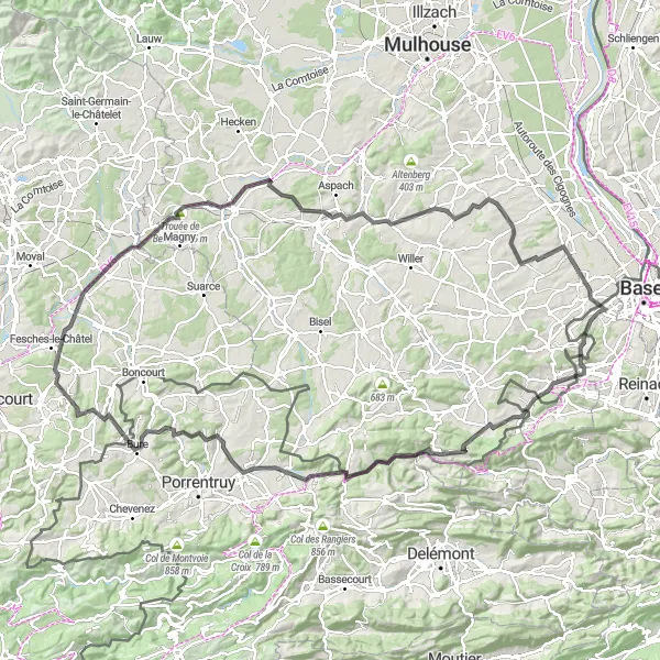 Miniaturekort af cykelinspirationen "Blauenberg til Altkirch Cykelrute" i Nordwestschweiz, Switzerland. Genereret af Tarmacs.app cykelruteplanlægger