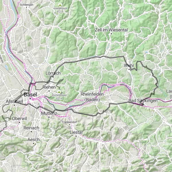 Miniatua del mapa de inspiración ciclista "Ruta de Carretera a través de Lörrach y Kaiseraugst" en Nordwestschweiz, Switzerland. Generado por Tarmacs.app planificador de rutas ciclistas