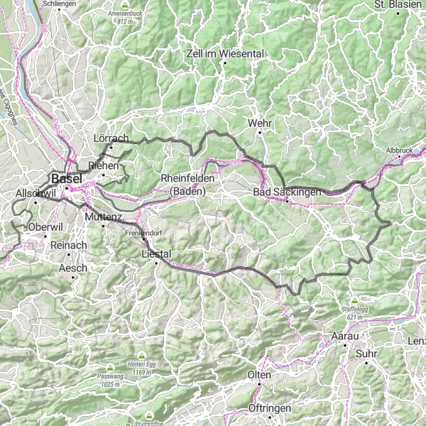 Kartminiatyr av "Riehen till Binningen Cykeltur" cykelinspiration i Nordwestschweiz, Switzerland. Genererad av Tarmacs.app cykelruttplanerare