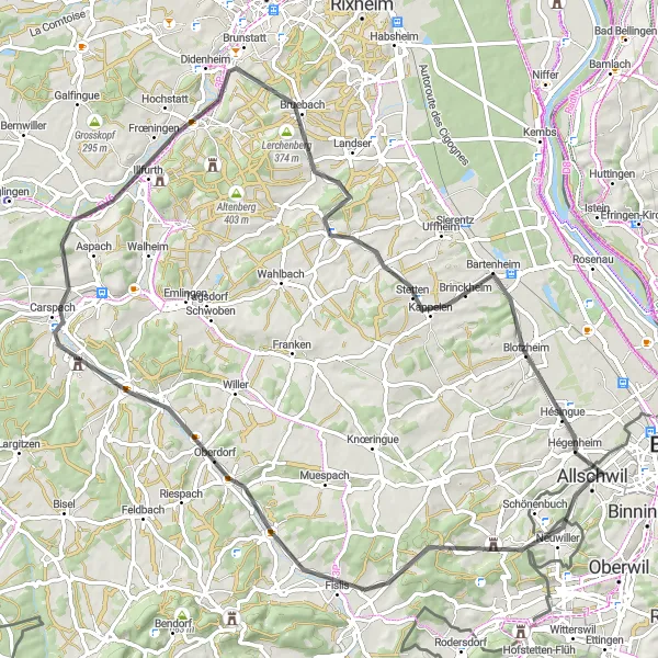 Map miniature of "Road Route to Hagenthal-le-Haut and Britzgyberg" cycling inspiration in Nordwestschweiz, Switzerland. Generated by Tarmacs.app cycling route planner