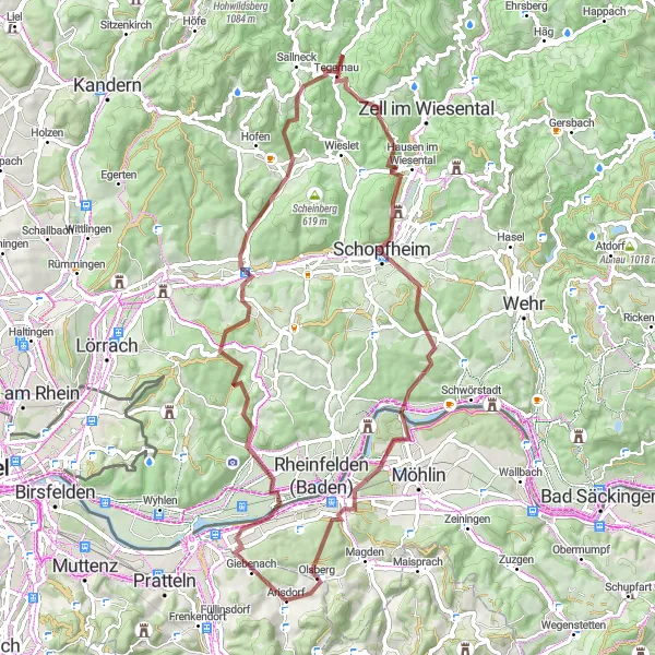 Miniaturekort af cykelinspirationen "Grusvej cykeltur til Hausen im Wiesental" i Nordwestschweiz, Switzerland. Genereret af Tarmacs.app cykelruteplanlægger