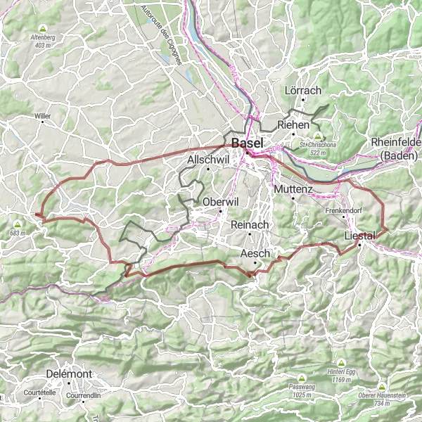 Miniatura della mappa di ispirazione al ciclismo "Giro Arisdorf - Kaiseraugst in Gravel" nella regione di Nordwestschweiz, Switzerland. Generata da Tarmacs.app, pianificatore di rotte ciclistiche