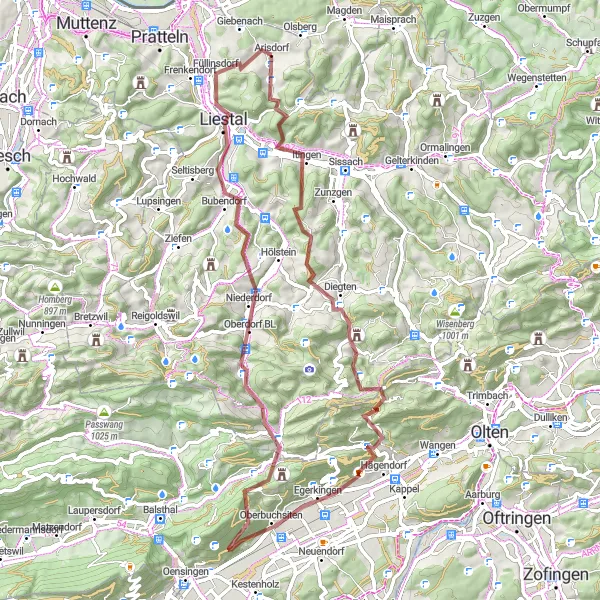 Map miniature of "Arisdorf Gravel Loop" cycling inspiration in Nordwestschweiz, Switzerland. Generated by Tarmacs.app cycling route planner