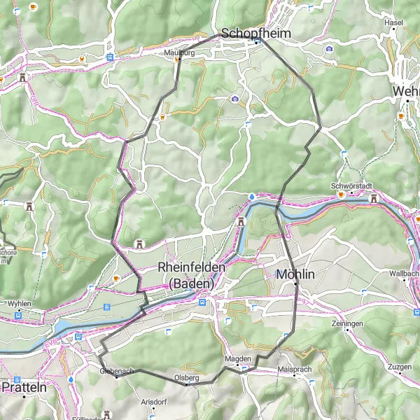 Miniatua del mapa de inspiración ciclista "Recorrido en carretera desde Arisdorf a Olsberg" en Nordwestschweiz, Switzerland. Generado por Tarmacs.app planificador de rutas ciclistas