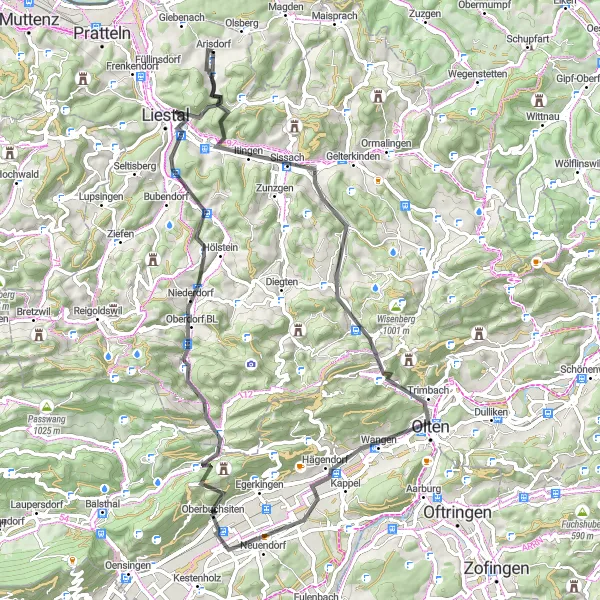 Miniature de la carte de l'inspiration cycliste "Le Tour des Collines de Bâle" dans la Nordwestschweiz, Switzerland. Générée par le planificateur d'itinéraire cycliste Tarmacs.app