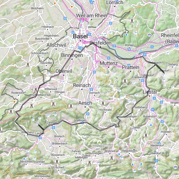 Kartminiatyr av "Naturskjønne veier og historiske steder" sykkelinspirasjon i Nordwestschweiz, Switzerland. Generert av Tarmacs.app sykkelrutoplanlegger