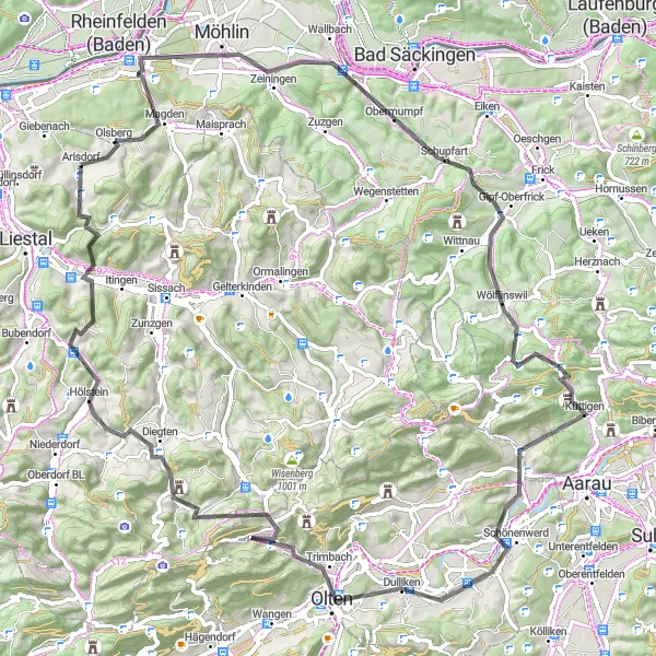 Miniatura della mappa di ispirazione al ciclismo "Giro in bicicletta attraverso Möhlin, Chriesiberg e Olten" nella regione di Nordwestschweiz, Switzerland. Generata da Tarmacs.app, pianificatore di rotte ciclistiche
