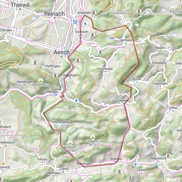 Miniatua del mapa de inspiración ciclista "Recorrido en Grava por Bürenflue y Chilchberg" en Nordwestschweiz, Switzerland. Generado por Tarmacs.app planificador de rutas ciclistas