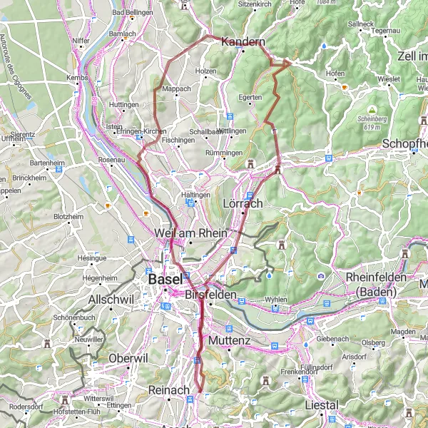 Karttaminiaatyyri "Dreiländereckin ympäri - Riehen" pyöräilyinspiraatiosta alueella Nordwestschweiz, Switzerland. Luotu Tarmacs.app pyöräilyreittisuunnittelijalla