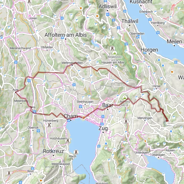 Miniatura mapy "Trasa gravelowa z Auw przez Baar do Sins" - trasy rowerowej w Nordwestschweiz, Switzerland. Wygenerowane przez planer tras rowerowych Tarmacs.app