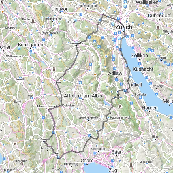 Zemljevid v pomanjšavi "Slikovita cestna pot do Auw" kolesarske inspiracije v Nordwestschweiz, Switzerland. Generirano z načrtovalcem kolesarskih poti Tarmacs.app