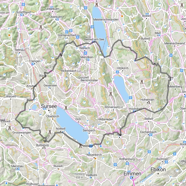Miniature de la carte de l'inspiration cycliste "Tour de Lac de Hallwilersee" dans la Nordwestschweiz, Switzerland. Générée par le planificateur d'itinéraire cycliste Tarmacs.app