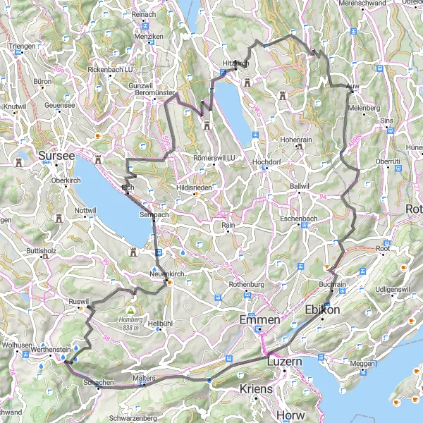 Miniatura della mappa di ispirazione al ciclismo "Tour delle onde del lago di Lucerna" nella regione di Nordwestschweiz, Switzerland. Generata da Tarmacs.app, pianificatore di rotte ciclistiche