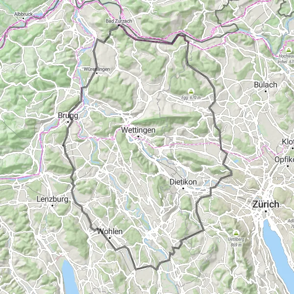 Karttaminiaatyyri "Bad Zurzachin kiertävä maantiepyöräilyreitti" pyöräilyinspiraatiosta alueella Nordwestschweiz, Switzerland. Luotu Tarmacs.app pyöräilyreittisuunnittelijalla