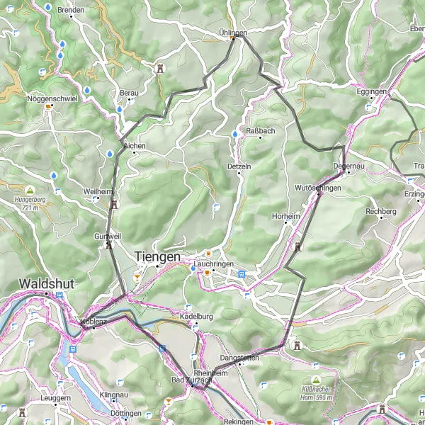 Karttaminiaatyyri "Lyhyt pyöräilyreitti Bad Zurzachista" pyöräilyinspiraatiosta alueella Nordwestschweiz, Switzerland. Luotu Tarmacs.app pyöräilyreittisuunnittelijalla