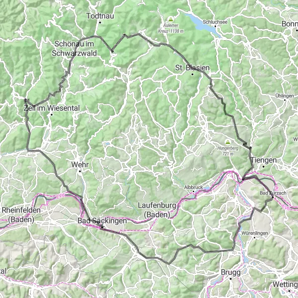 Miniatua del mapa de inspiración ciclista "Ruta de ciclismo de carretera alrededor de Bad Zurzach" en Nordwestschweiz, Switzerland. Generado por Tarmacs.app planificador de rutas ciclistas