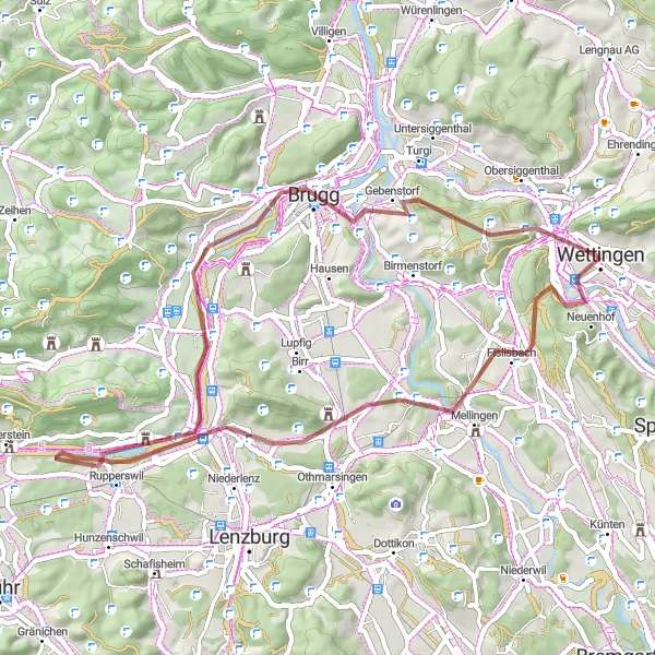 Mapa miniatúra "Gravelová cyklotrasa cez Wasserturm Baldegg" cyklistická inšpirácia v Nordwestschweiz, Switzerland. Vygenerované cyklistickým plánovačom trás Tarmacs.app