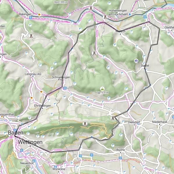 Miniature de la carte de l'inspiration cycliste "Parcours routier de Baden à Sulperg" dans la Nordwestschweiz, Switzerland. Générée par le planificateur d'itinéraire cycliste Tarmacs.app