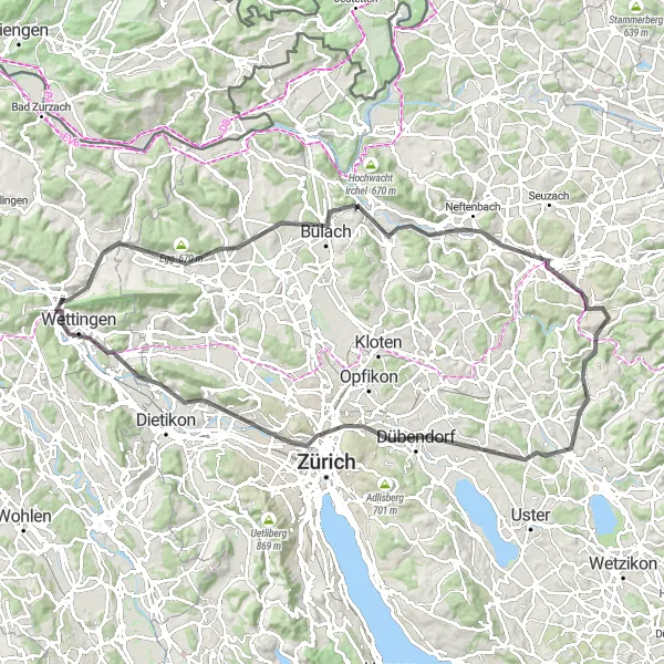 Mapa miniatúra "Cykloobchod od Badenu po Winterthur" cyklistická inšpirácia v Nordwestschweiz, Switzerland. Vygenerované cyklistickým plánovačom trás Tarmacs.app