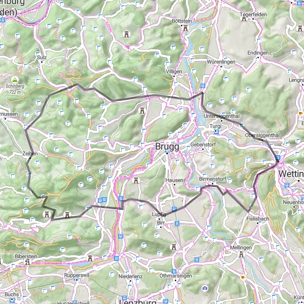 Mapa miniatúra "Road route near Baden" cyklistická inšpirácia v Nordwestschweiz, Switzerland. Vygenerované cyklistickým plánovačom trás Tarmacs.app