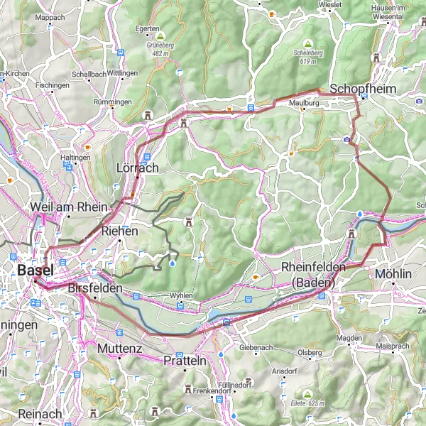 Miniatura della mappa di ispirazione al ciclismo "Giro in bicicletta per lungo il fiume Reno" nella regione di Nordwestschweiz, Switzerland. Generata da Tarmacs.app, pianificatore di rotte ciclistiche