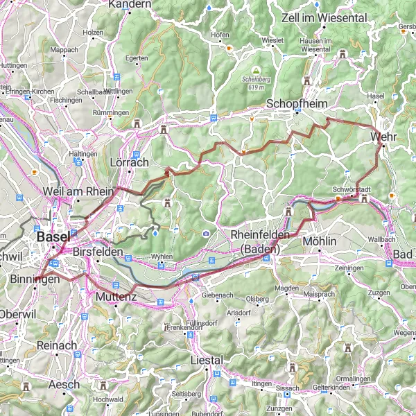 Zemljevid v pomanjšavi "Kolesarska avantura po Nordwestschweizu" kolesarske inspiracije v Nordwestschweiz, Switzerland. Generirano z načrtovalcem kolesarskih poti Tarmacs.app