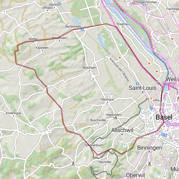 Miniatura della mappa di ispirazione al ciclismo "Giro in bicicletta in ghiaia da Pfalz a Huningue" nella regione di Nordwestschweiz, Switzerland. Generata da Tarmacs.app, pianificatore di rotte ciclistiche