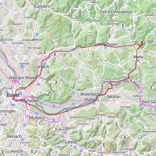 Miniatura della mappa di ispirazione al ciclismo "Grande giro in bicicletta da Basel a Pfalz" nella regione di Nordwestschweiz, Switzerland. Generata da Tarmacs.app, pianificatore di rotte ciclistiche
