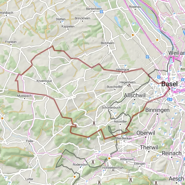 Map miniature of "Pleasures of the Borderlands" cycling inspiration in Nordwestschweiz, Switzerland. Generated by Tarmacs.app cycling route planner