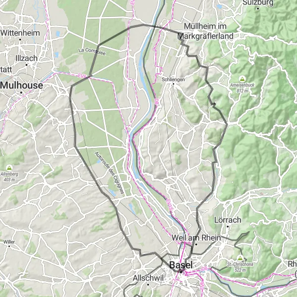 Miniature de la carte de l'inspiration cycliste "Le Circuit des Villages de la Plaine du Rhin" dans la Nordwestschweiz, Switzerland. Générée par le planificateur d'itinéraire cycliste Tarmacs.app