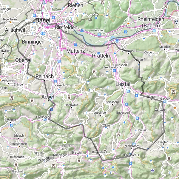 Karttaminiaatyyri "Maantiepyöräily Baselin ympäristössä" pyöräilyinspiraatiosta alueella Nordwestschweiz, Switzerland. Luotu Tarmacs.app pyöräilyreittisuunnittelijalla