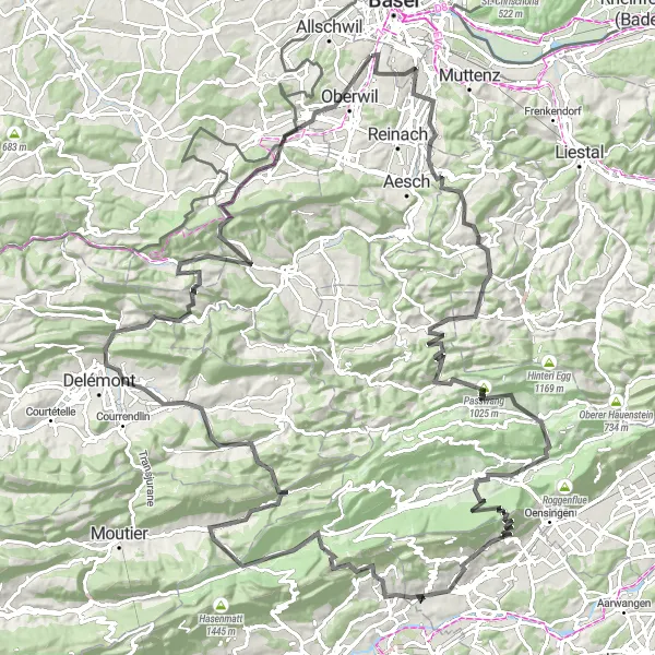Mapa miniatúra "Výlet kolem Basileje" cyklistická inšpirácia v Nordwestschweiz, Switzerland. Vygenerované cyklistickým plánovačom trás Tarmacs.app