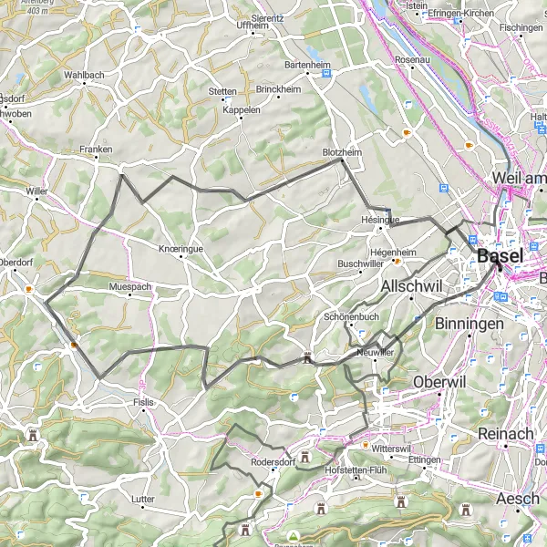 Map miniature of "Basel and Around" cycling inspiration in Nordwestschweiz, Switzerland. Generated by Tarmacs.app cycling route planner