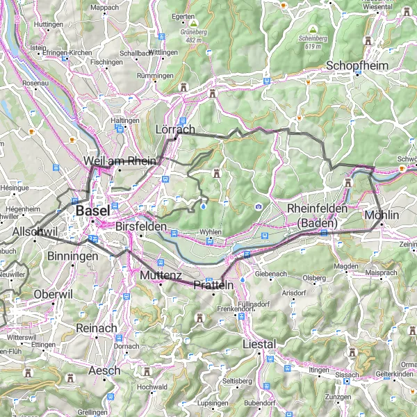 Map miniature of "Ride through the Borders" cycling inspiration in Nordwestschweiz, Switzerland. Generated by Tarmacs.app cycling route planner