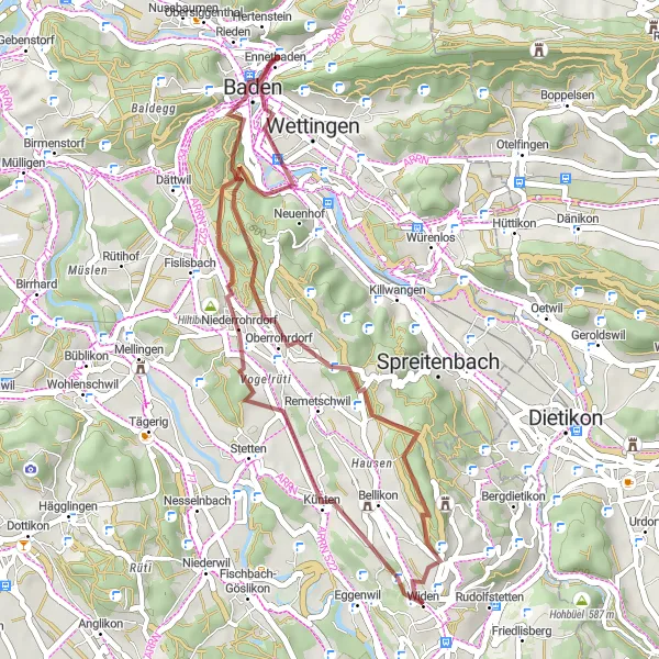 Zemljevid v pomanjšavi "Raziščite osupljivo naravo in mirne poti od Oberrohrdorfa do Widna" kolesarske inspiracije v Nordwestschweiz, Switzerland. Generirano z načrtovalcem kolesarskih poti Tarmacs.app