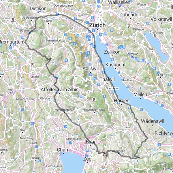 Mapa miniatúra "Cesta pre silničné bicykle cez Altstetten a Lindenberg" cyklistická inšpirácia v Nordwestschweiz, Switzerland. Vygenerované cyklistickým plánovačom trás Tarmacs.app