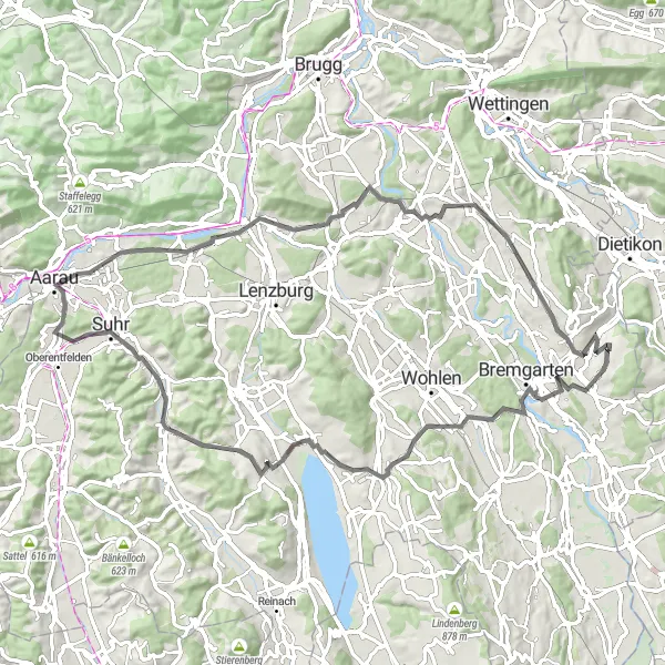 Miniatura della mappa di ispirazione al ciclismo "Tour delle Colline Intorno a Berikon" nella regione di Nordwestschweiz, Switzerland. Generata da Tarmacs.app, pianificatore di rotte ciclistiche