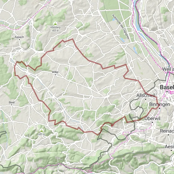 Miniaturekort af cykelinspirationen "Lang grusvej cykeltur til Hégenheim" i Nordwestschweiz, Switzerland. Genereret af Tarmacs.app cykelruteplanlægger