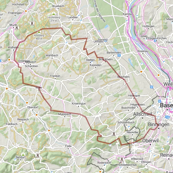 Karttaminiaatyyri "Erlebnisturm Binningen - Muespach - Hégenheim Route" pyöräilyinspiraatiosta alueella Nordwestschweiz, Switzerland. Luotu Tarmacs.app pyöräilyreittisuunnittelijalla