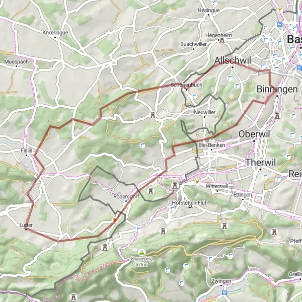 Kartminiatyr av "Binningen til Schönenbuch Grusvei Rundtur" sykkelinspirasjon i Nordwestschweiz, Switzerland. Generert av Tarmacs.app sykkelrutoplanlegger