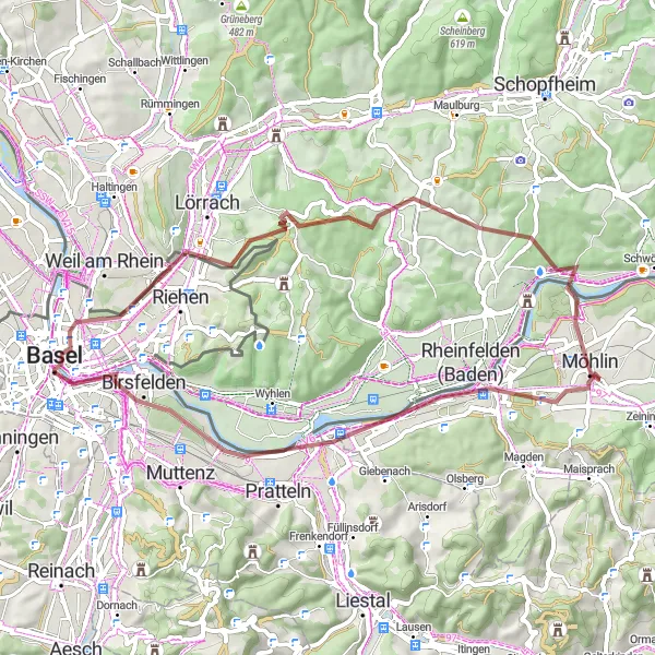 Karttaminiaatyyri "Riehen - Möhlin - Rheinfelden Route" pyöräilyinspiraatiosta alueella Nordwestschweiz, Switzerland. Luotu Tarmacs.app pyöräilyreittisuunnittelijalla