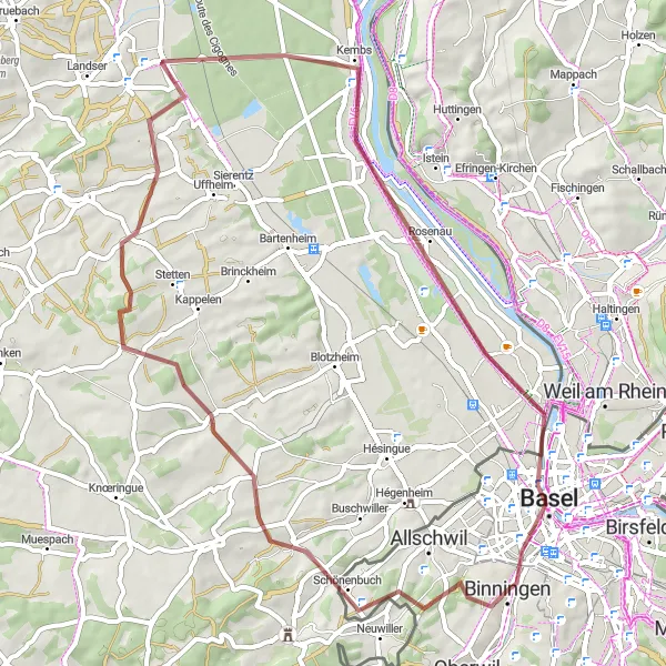 Kartminiatyr av "Binningen til Pfalz Grusvei Rundtur" sykkelinspirasjon i Nordwestschweiz, Switzerland. Generert av Tarmacs.app sykkelrutoplanlegger