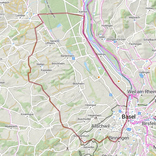 Miniaturekort af cykelinspirationen "Gruscykelruten fra Binningen til Pfalz" i Nordwestschweiz, Switzerland. Genereret af Tarmacs.app cykelruteplanlægger